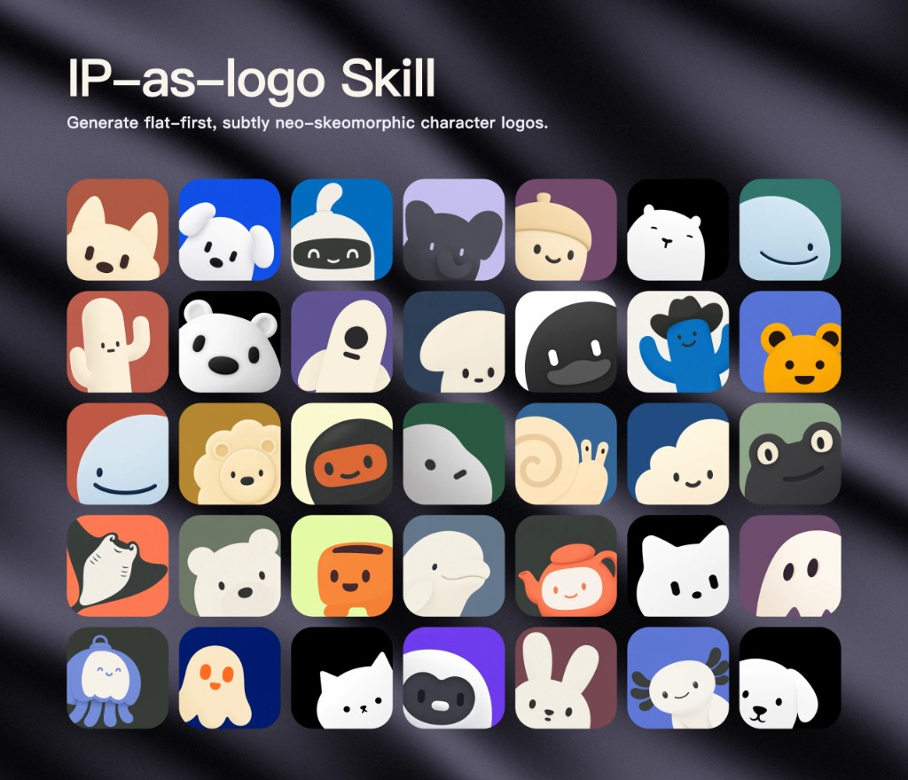 Example IP mascot logos: flat-first, subtly neo-skeuomorphic character marks on solid color backgrounds