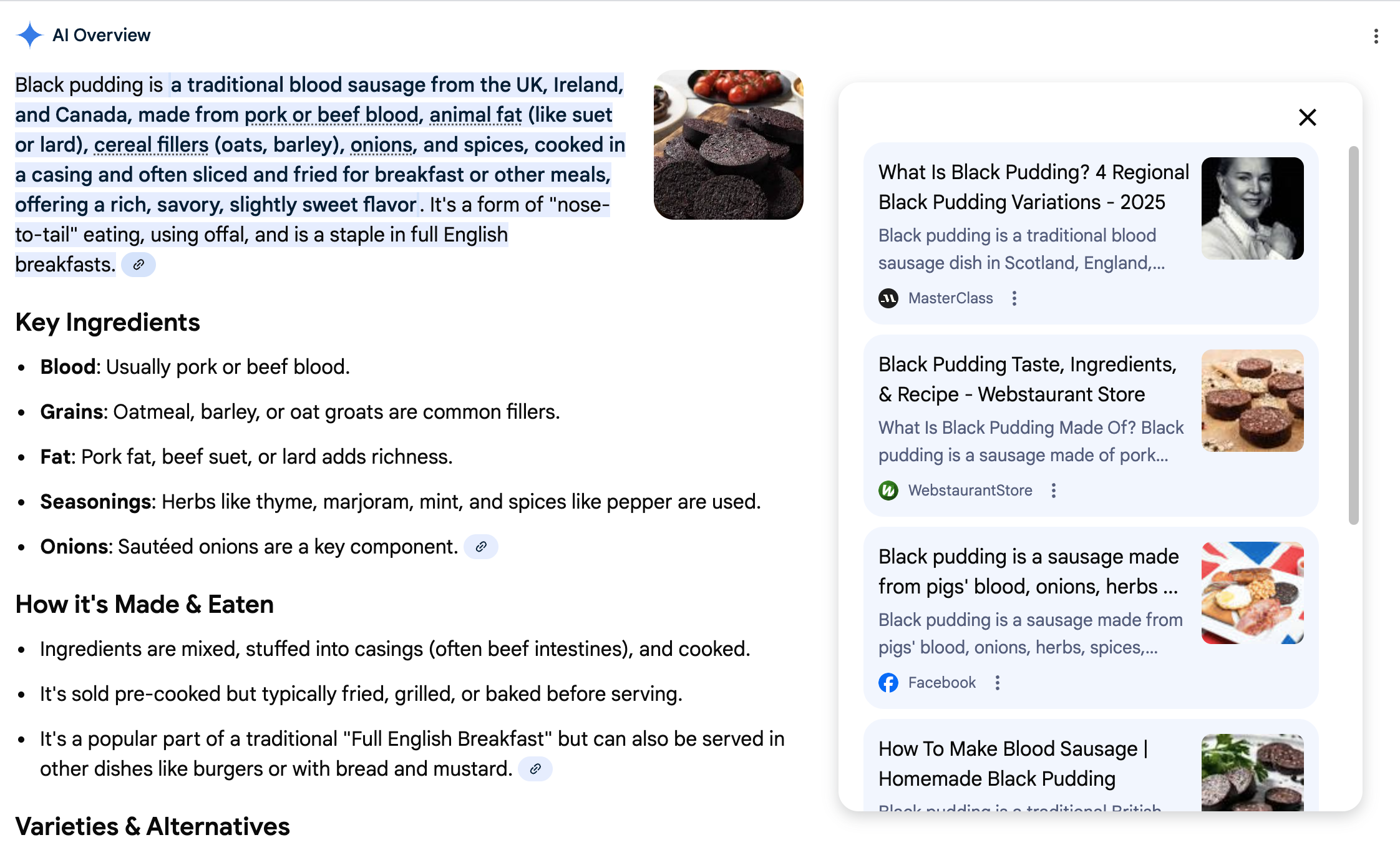 Google Search AI Overview showing citations with numbered markers and related source links in sidebar
