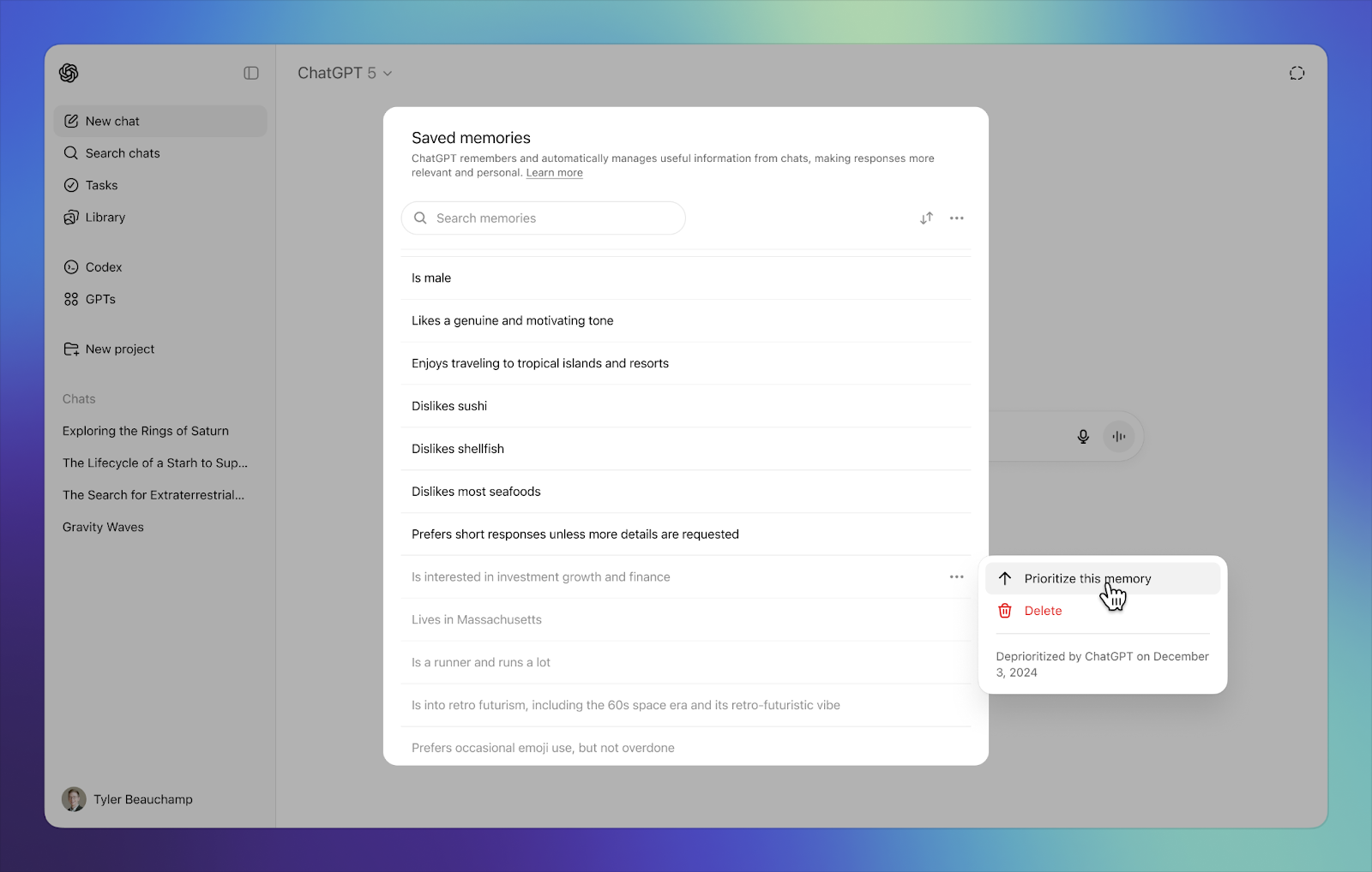 ChatGPT Saved memories with tooltip showing prioritize and delete actions